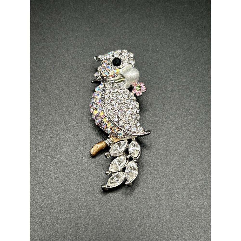 Aurora Borealis rhinestone cockatoo bird parrot brooch pin pink flower silver 2”